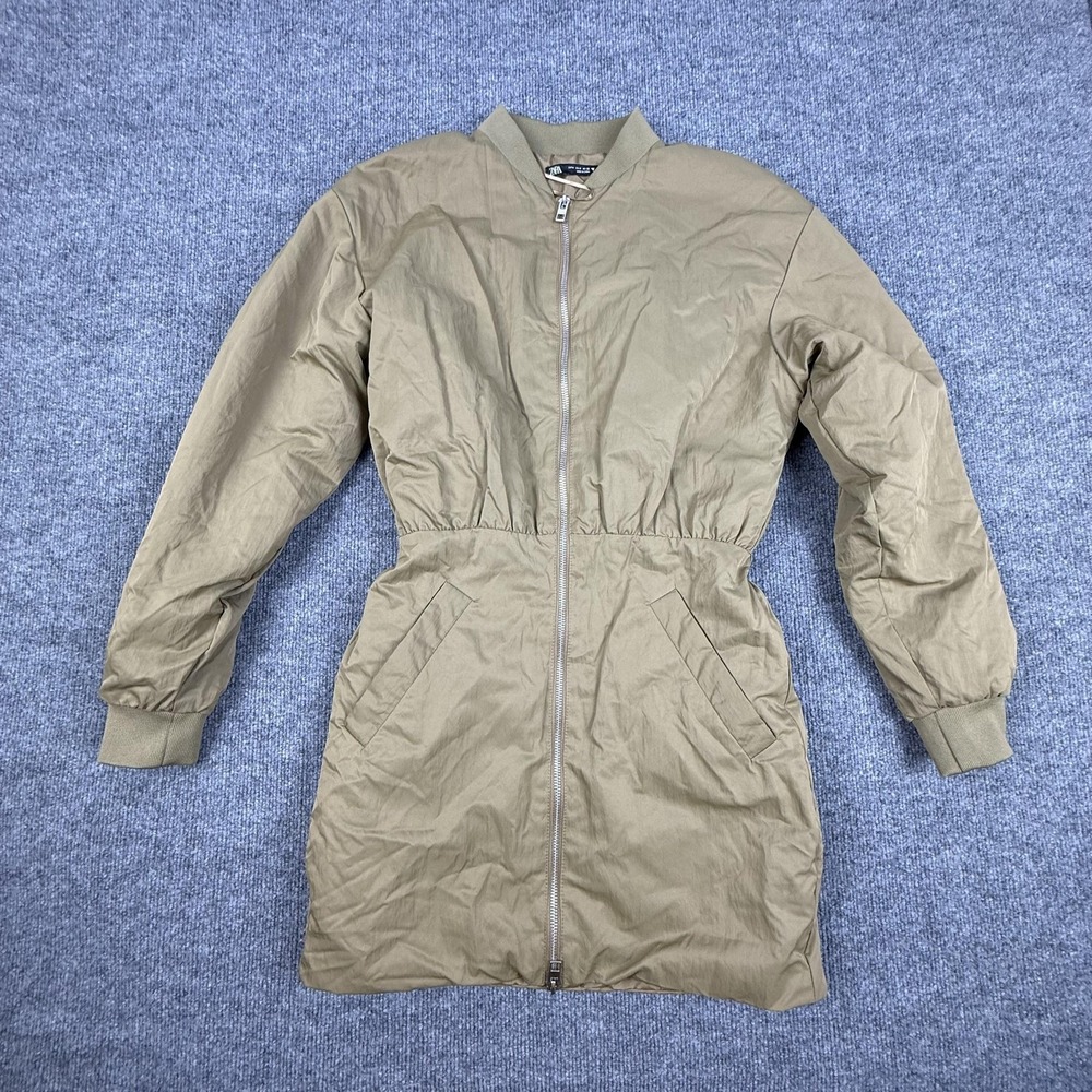 Zara Coat Womens Medium‎ Beige Bomber Longline Zip Front Elastic Waist Lined